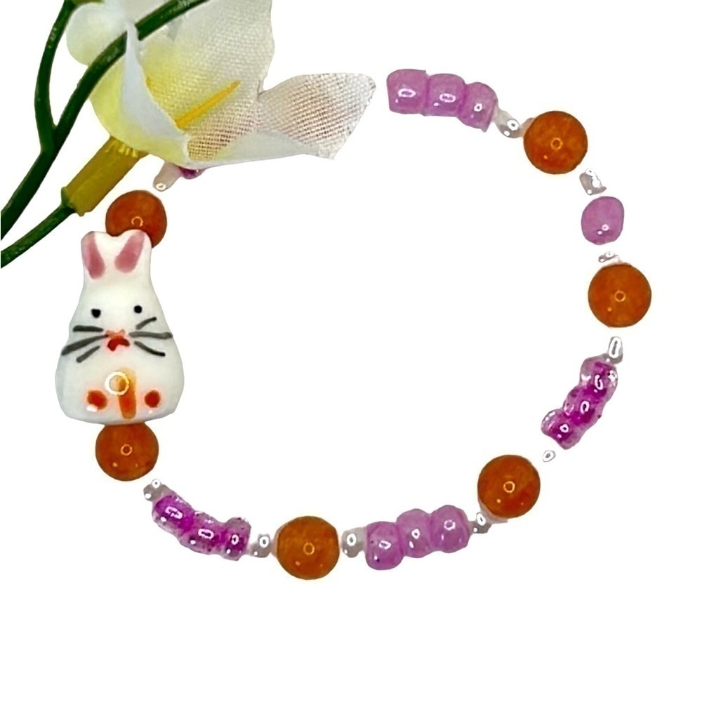 Handmade Ceramic & Glass Bunny Orange/Pink Stretchy Bracelet 6” - Picture 2 of 3